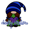 A cartoon gnome character wearing a blue and navy striped pointed hat, brown hair, a green top, and a purple heart-shaped chest piece, with the text 'creamy creations' across the front on a white background.
